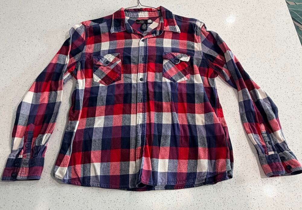 VTG OP Ocean Pacific Shirt Mens Sz XL Red White Blue Plaid Check Flannel
